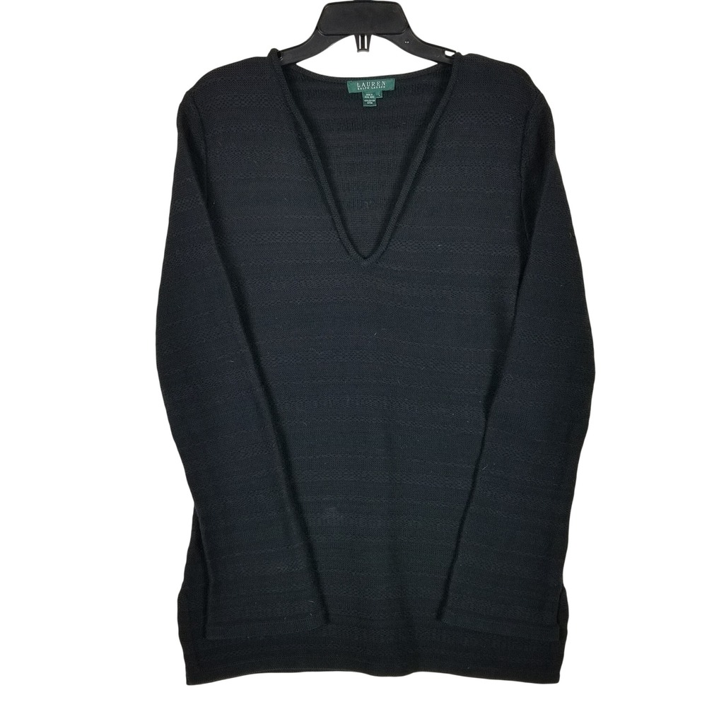 Lauren Ralph‎ Lauren Sweater Women Large Black Deep V-Neck Textured Cotton Knit